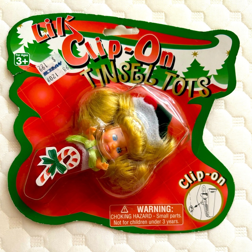 Vintage 1980s Totsy Lil Clip-On Tinsel Tots Doll Christmas Holiday Toy Red Green